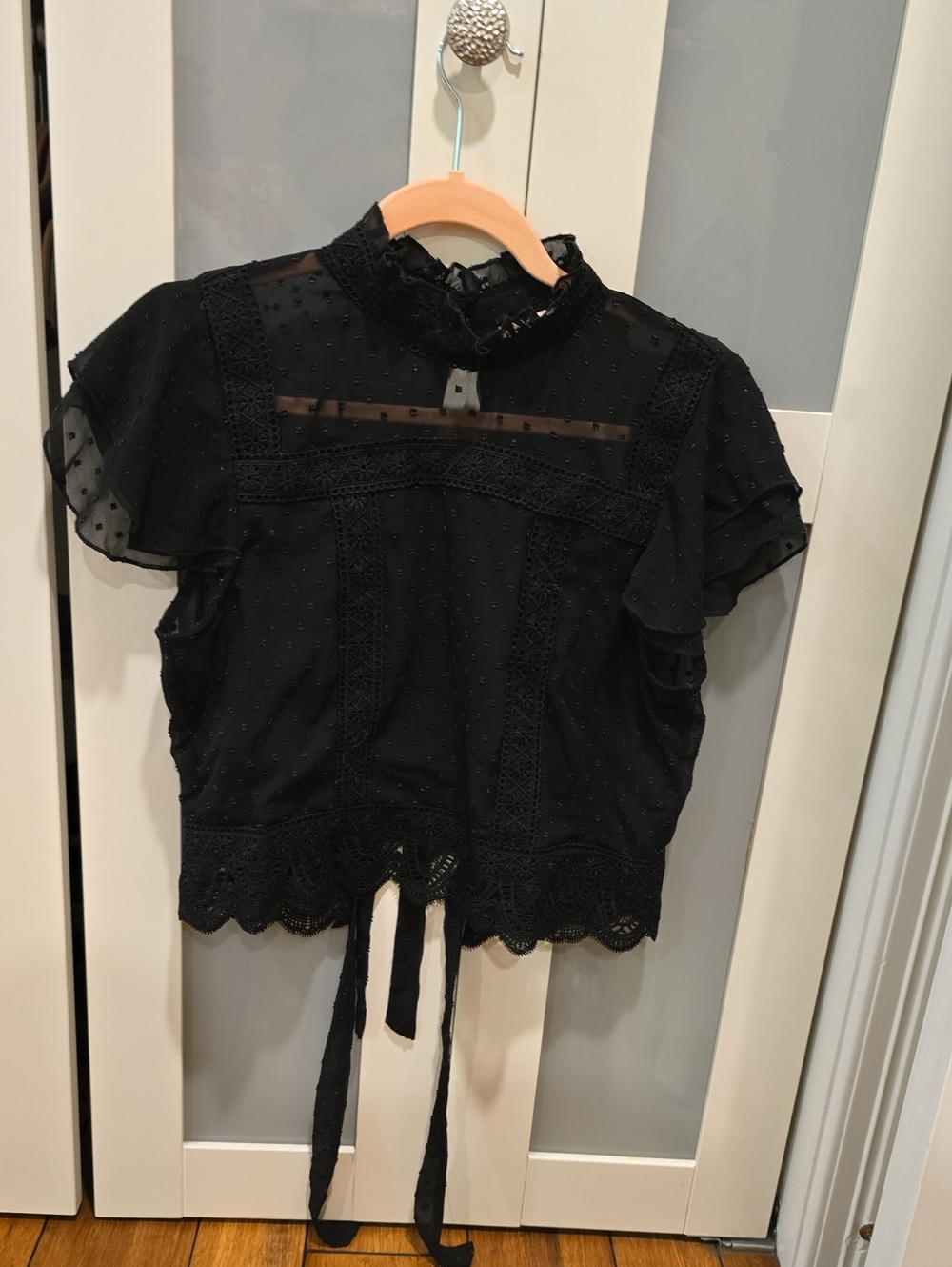 miami Black Dotted Lace Blouse with Tie Detail